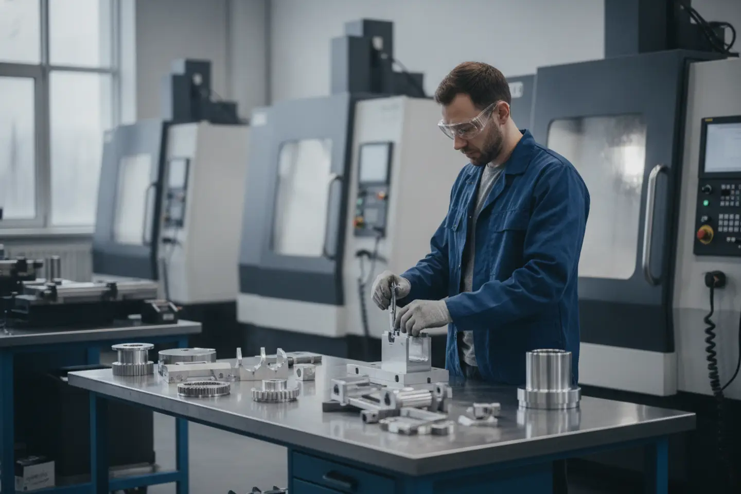 Precision engineering workshop with CNC machines and metal components on a bench