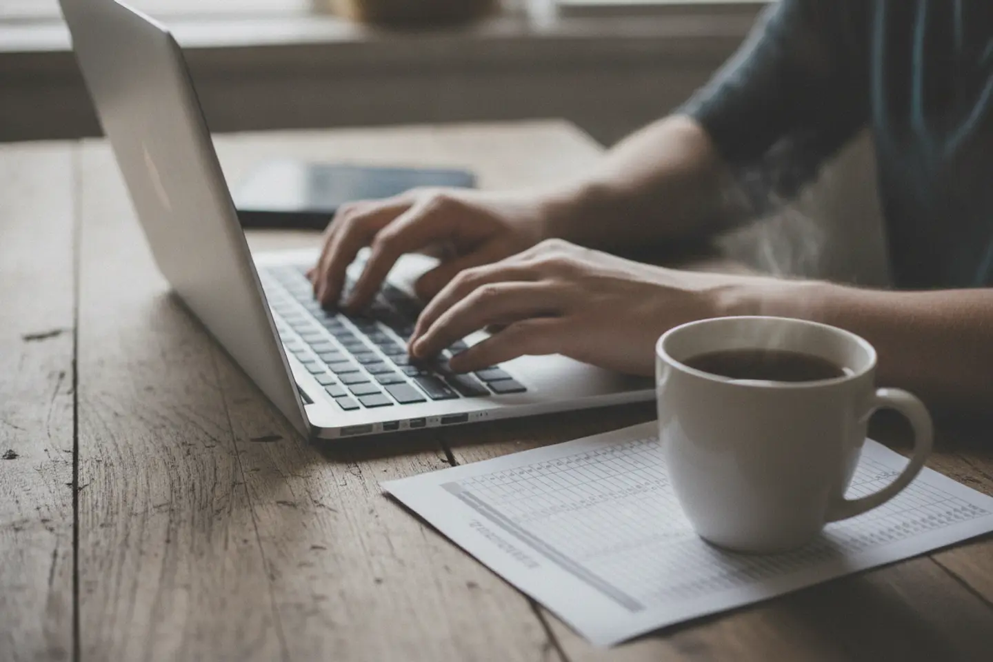 Hands typing on a laptop beside a mug of tea and a printed spreadsheet