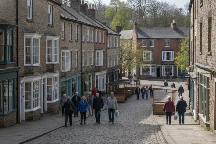 Sloping Derbyshire market town high street with shops and pedestrians