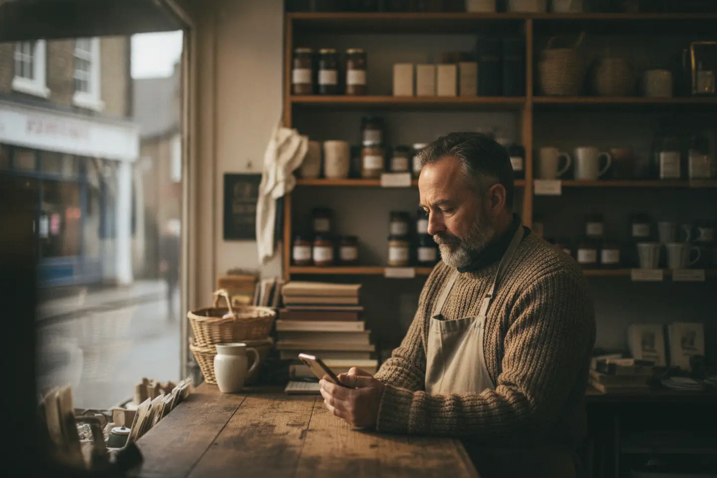 Independent shop owner checking a phone behind the counter of a small high street shop